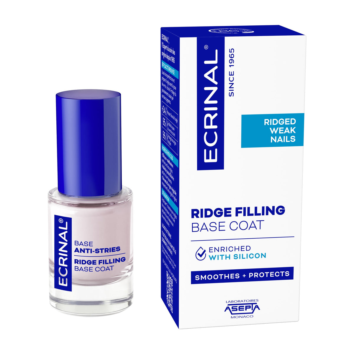 Bottle of Ecrinal Ridge Filling Base Coat 10 ml enriched with silicium, for ridged and fragile nails