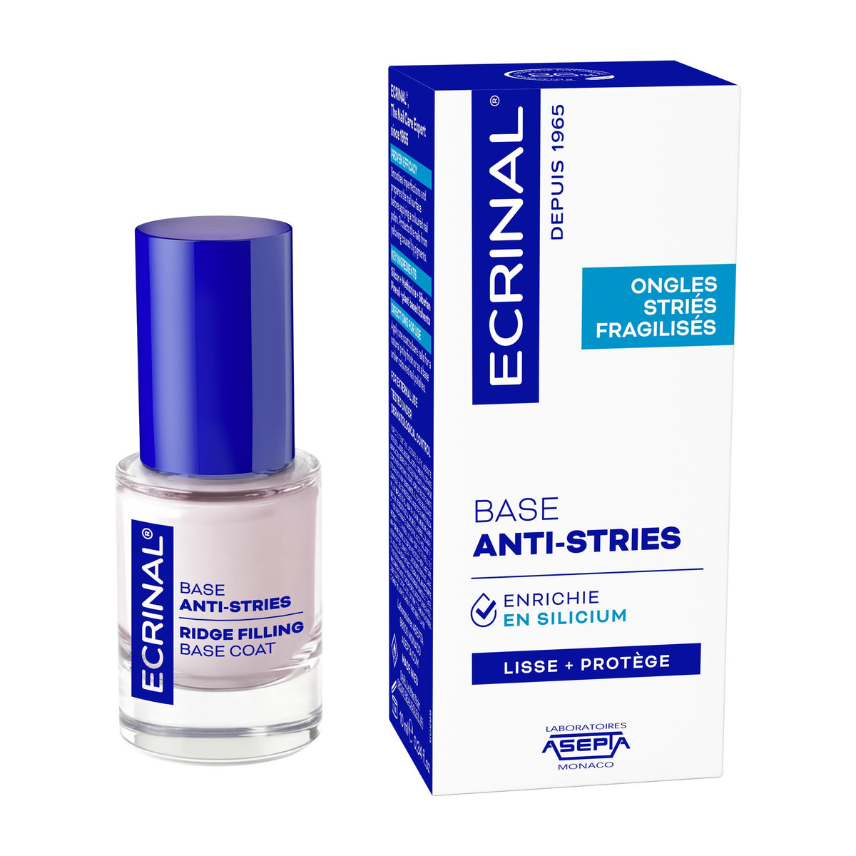 Bottle of Ecrinal Ridge Filling Base Coat 10 ml, French packaging