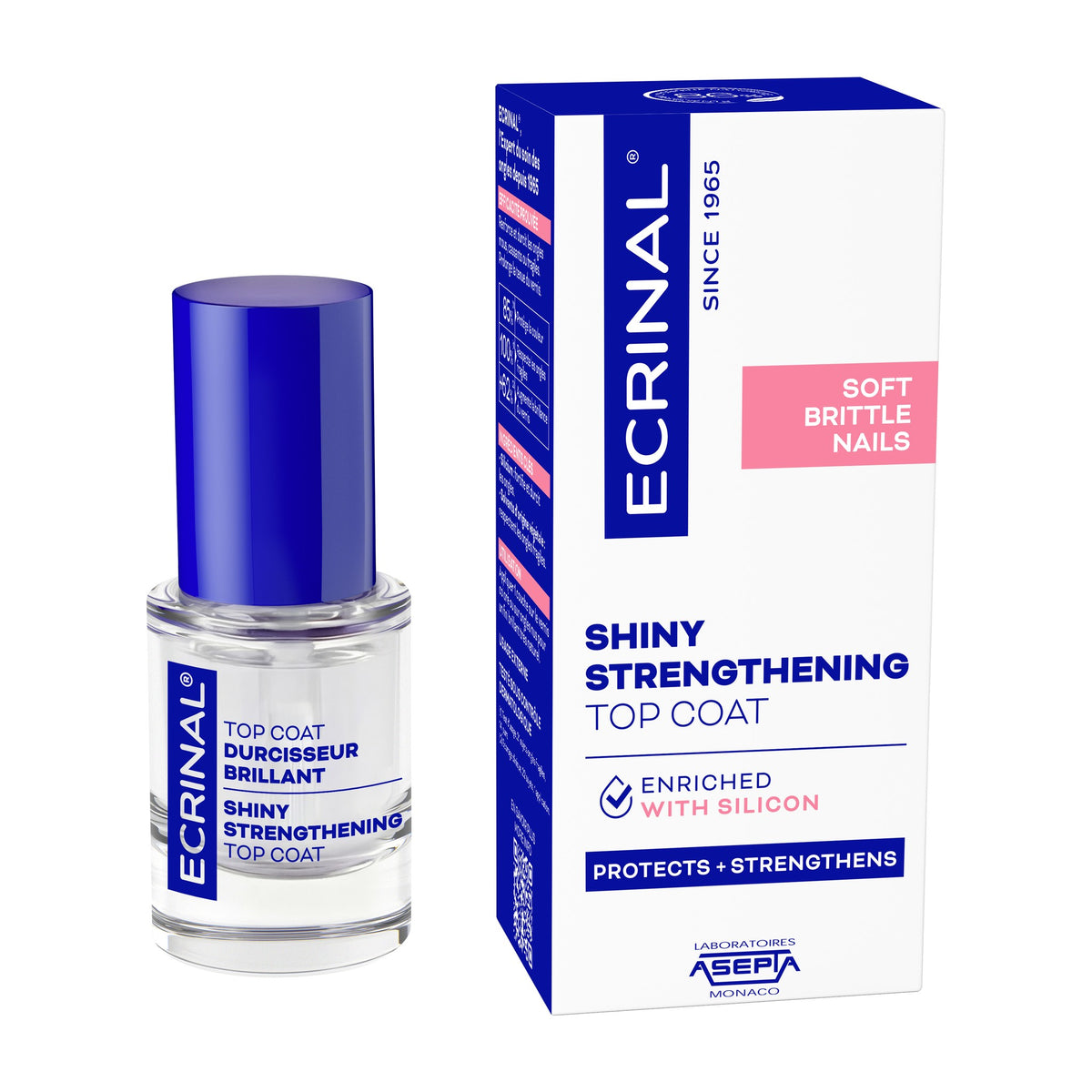 Bottle of Ecrinal Shiny Strengthening Top Coat 10 ml enriched with silicon, for fragile nails