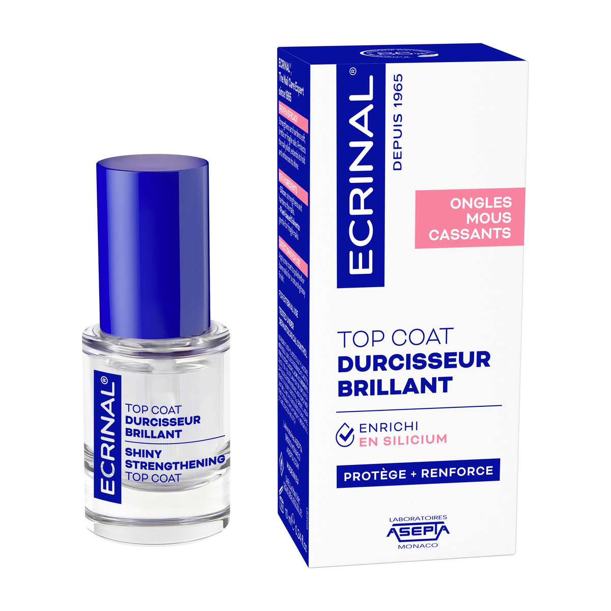 Bottle of Ecrinal Shiny Strengthening Top Coat 10 ml, French packaging