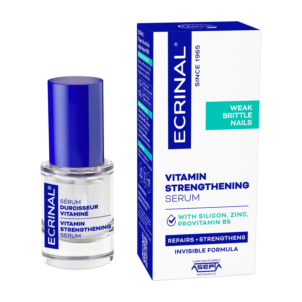 Bottle of Ecrinal Vitamin Strengthening Serum 10 ml with silicium, zinc and provitamin B5, for soft and brittle nails