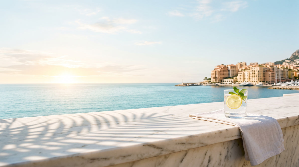 Marble terrace over the Mediterranean in Monaco at morning light
